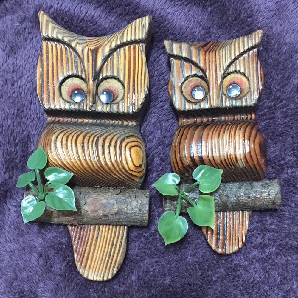 Vintage Wood Carved Owl Set